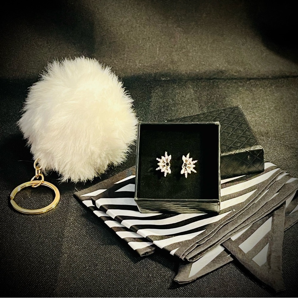Gnoce Crystal Starburst Stud Earrings Jewelry Gift Bundle Pom Keychain NWOT